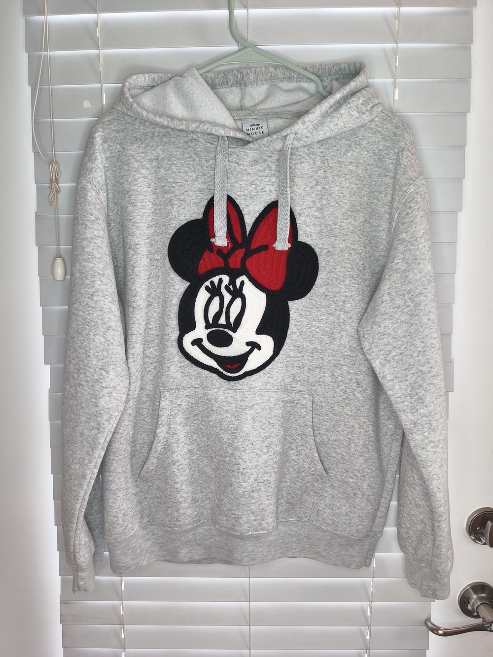 Disney Minnie Mouse Hoodie Sweatshirt Gray Knit Graphic Embroidered Women's Sz L